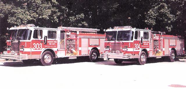 Engine 304 and Squad 303. 1989 Darley Pumpers. Custom built as &quot;twins&quot;. Sold several years ago, 303 found a home in downstate Illinois, and 304 went to eastern Pennsylvania.